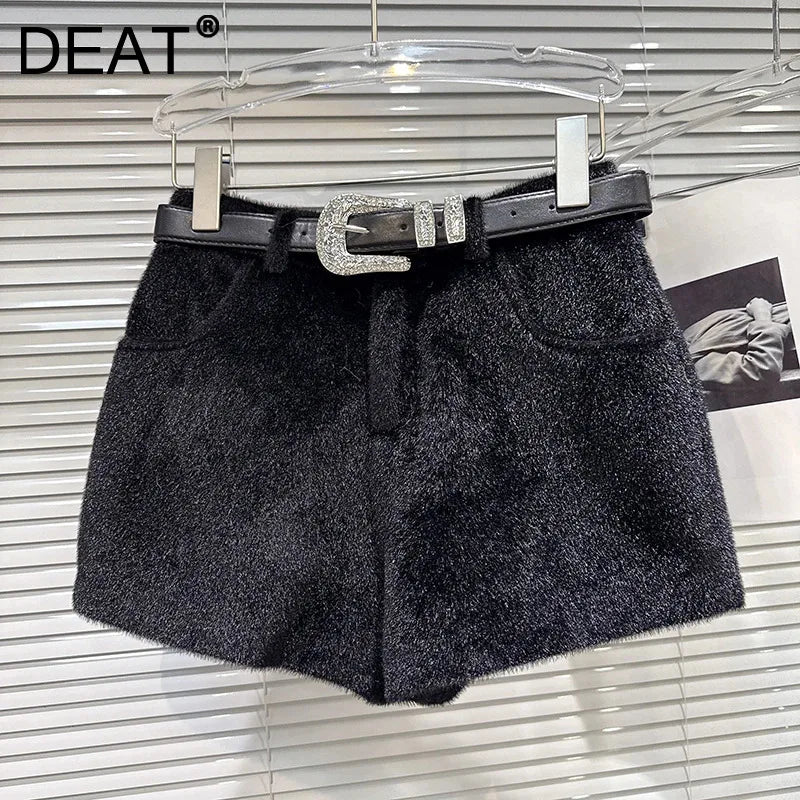 Winter New Fashion Rhinestone Buckle Belt Furry Fabric Shorts For Women Solid Color Versatile Boot Pants 11A07760