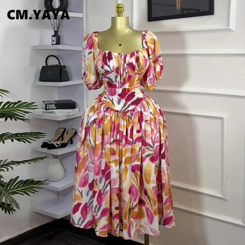 Women Tulip Foral Printed Lantern Short Sleeve Big Swing High Waist Dress 2025 Chic Birthday Party Vestidos Sexy Dresses