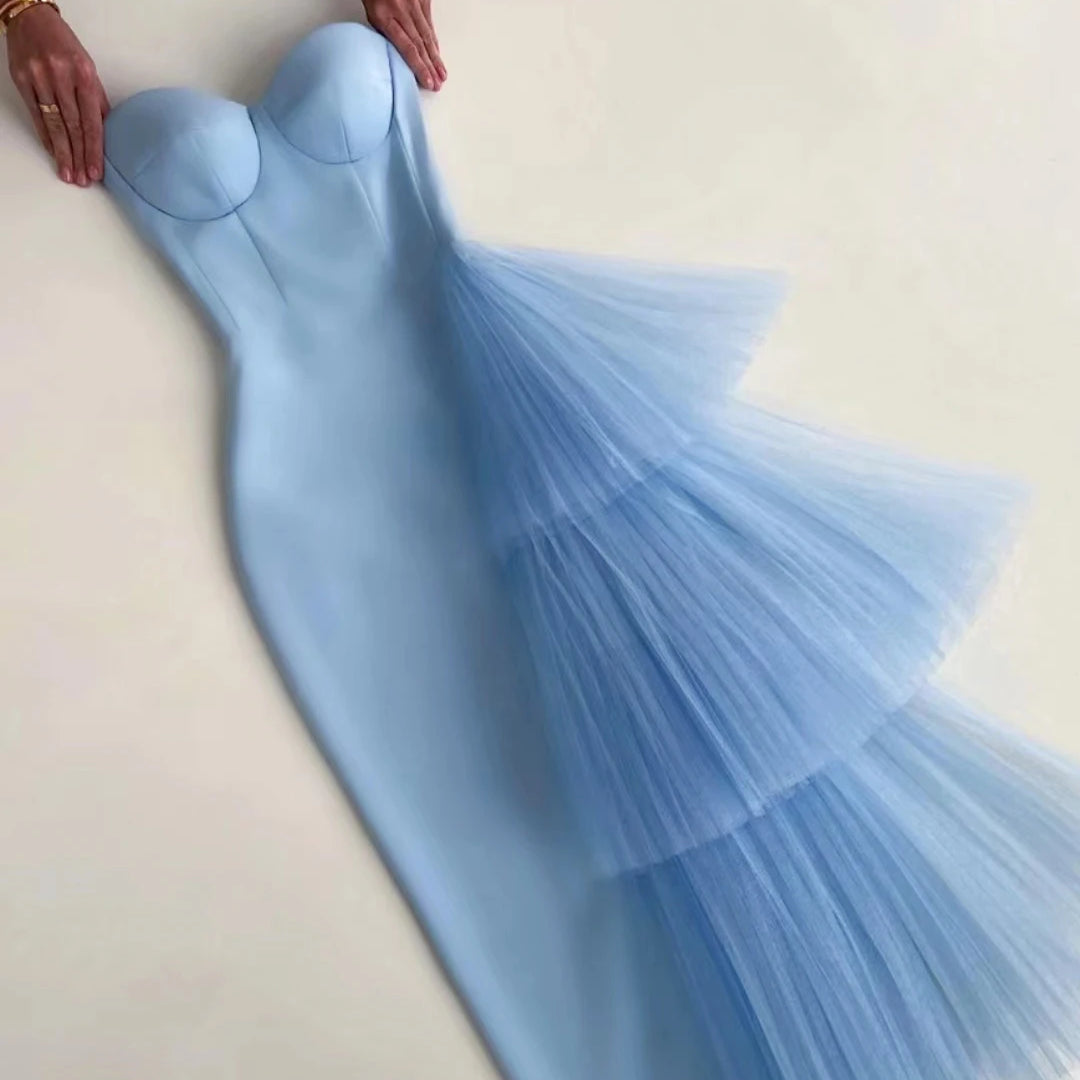 New Pink Color Women Strapless Sexy Ruffles Bodyocn Mid-calf Dress Rayon Bandage Celebrate Birthday Party Dress Wholesale SKY BLUE
