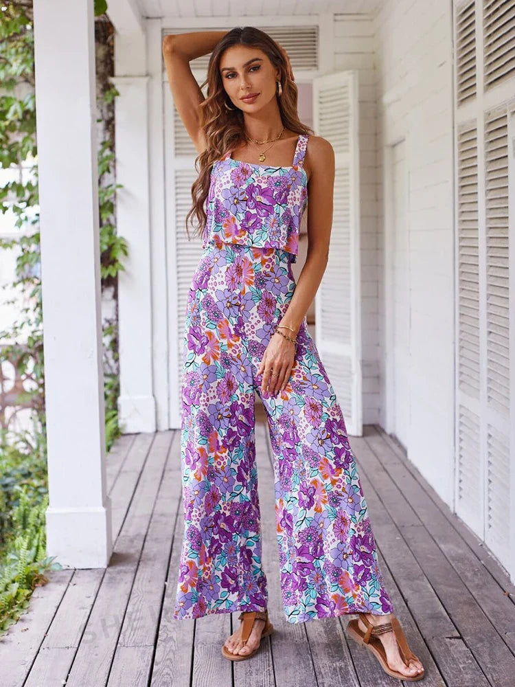 Elegant Long Jumpsuit Women Sexy Backless Wide Leg Jumpsuits Casual Sleeveless Floral Rompers Summer Clothes For Woman New PURPLE