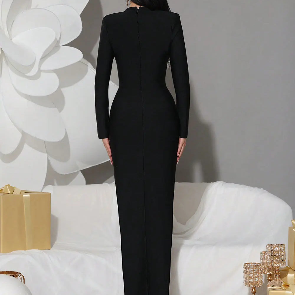 2025 Women's Light Luxury Nail Diamond Design Bandage Dress Square Neck Long Sleeve Bodycon Black Long Dress Club Party Vestidos
