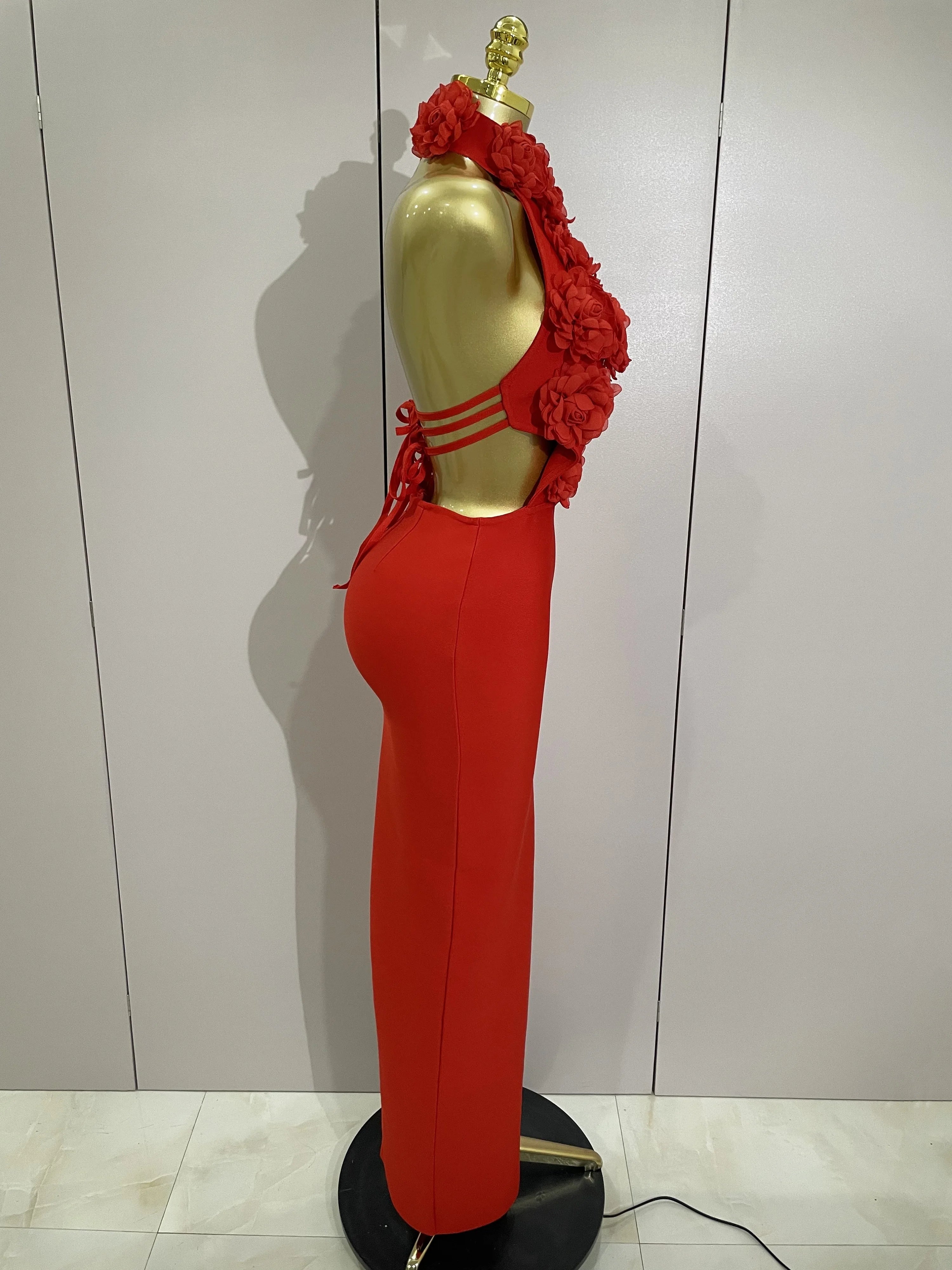 Women Celebrity Sexy Halter Backless Flower Long Bandage Bodycon Dress 2025 Luxury Birthday Dress Elegant Evening Party Outfit
