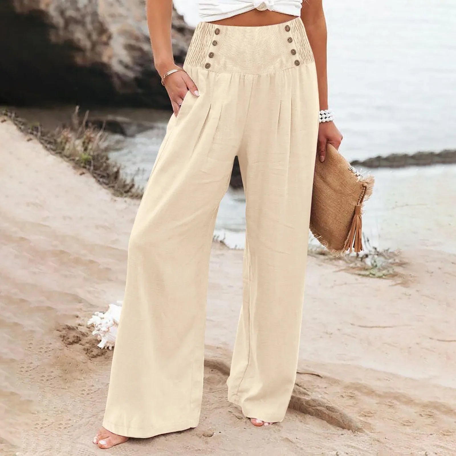 Summer Cotton Linen Wide Leg Pants Women Loose Palazzo Pant Pocket Elastic Waist Button Casual Pants Beige