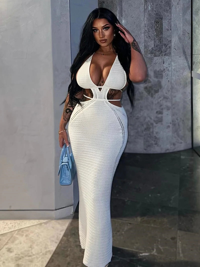Hollow Out Halter Sexy Mini Dress Women Summer New Sleeveless Backless Skinny Club Party Knit Tank Dress Vestido White
