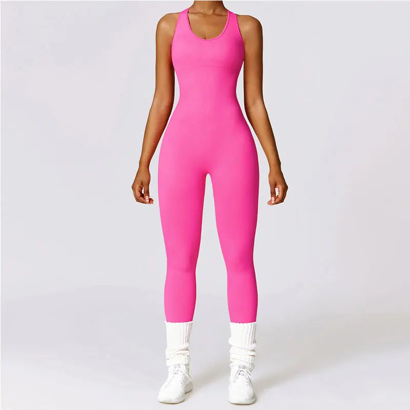 New Yoga Set Seamless Women's Jumpsuits One-Piece Gym Push Up Workout Clothes Fitness Bodysuit Sportswear Tracksuit Short Sleeve rose red