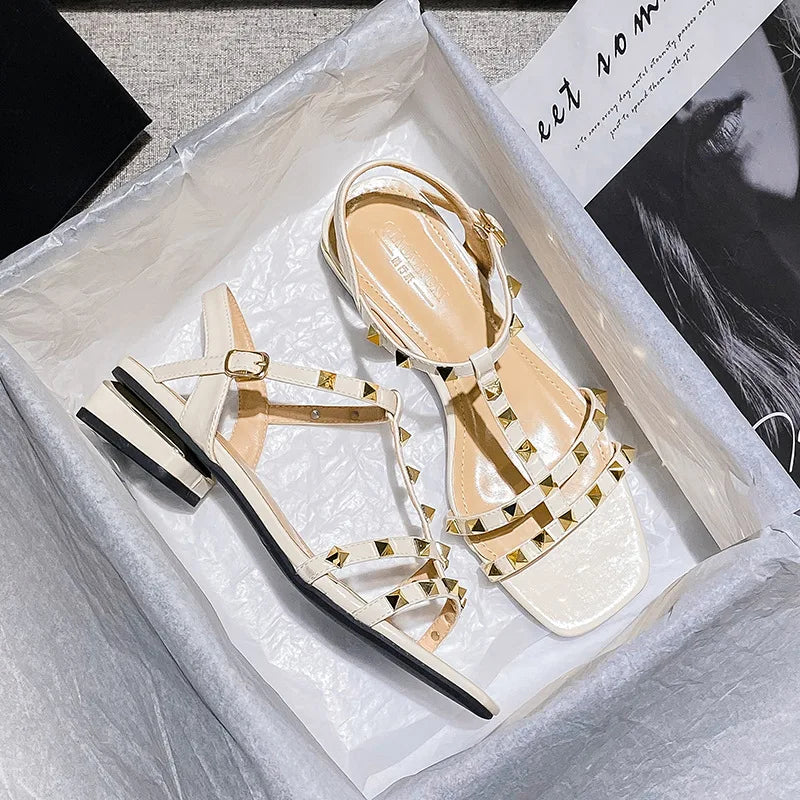 2023 Summer low heel women rivets sandals thin ribbon fashion Korean design girls shoes large size wear slippers free delivery Ivory