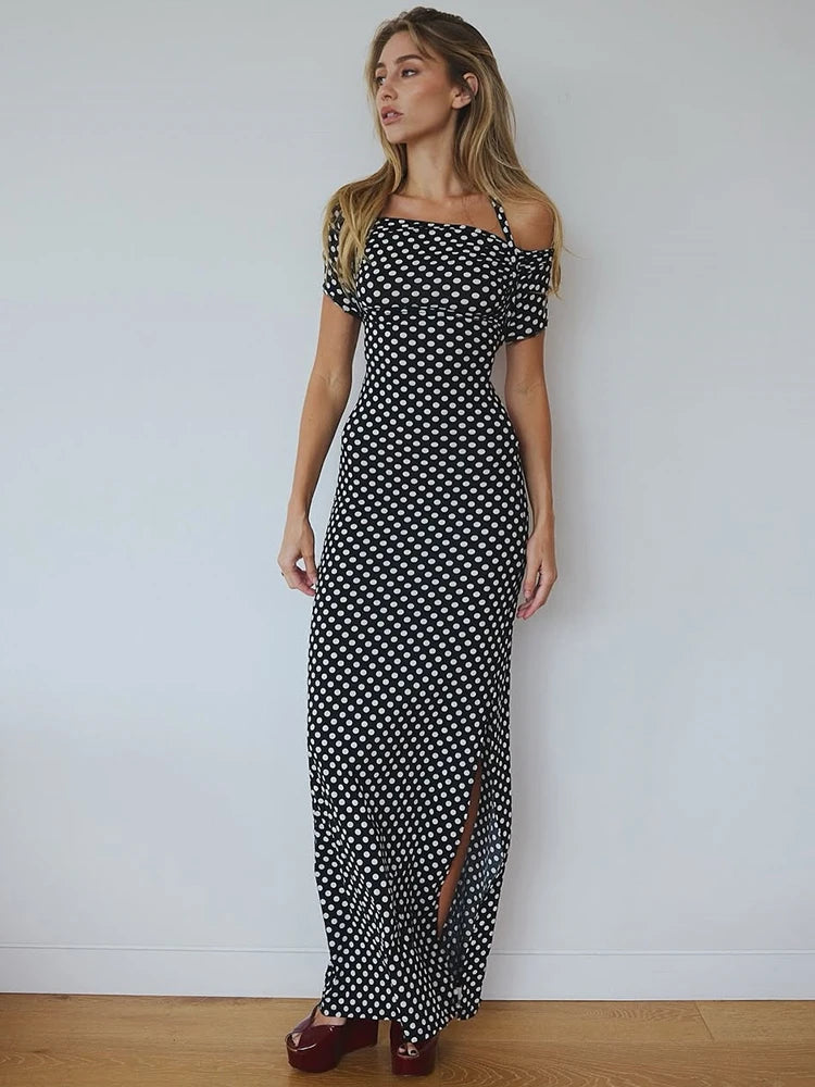 Mozision Off-shoulder Polka Dot Maxi Dress For Women Gown Fashion Halter Sleeveless Backless bodycon Split Long Dress Elegant