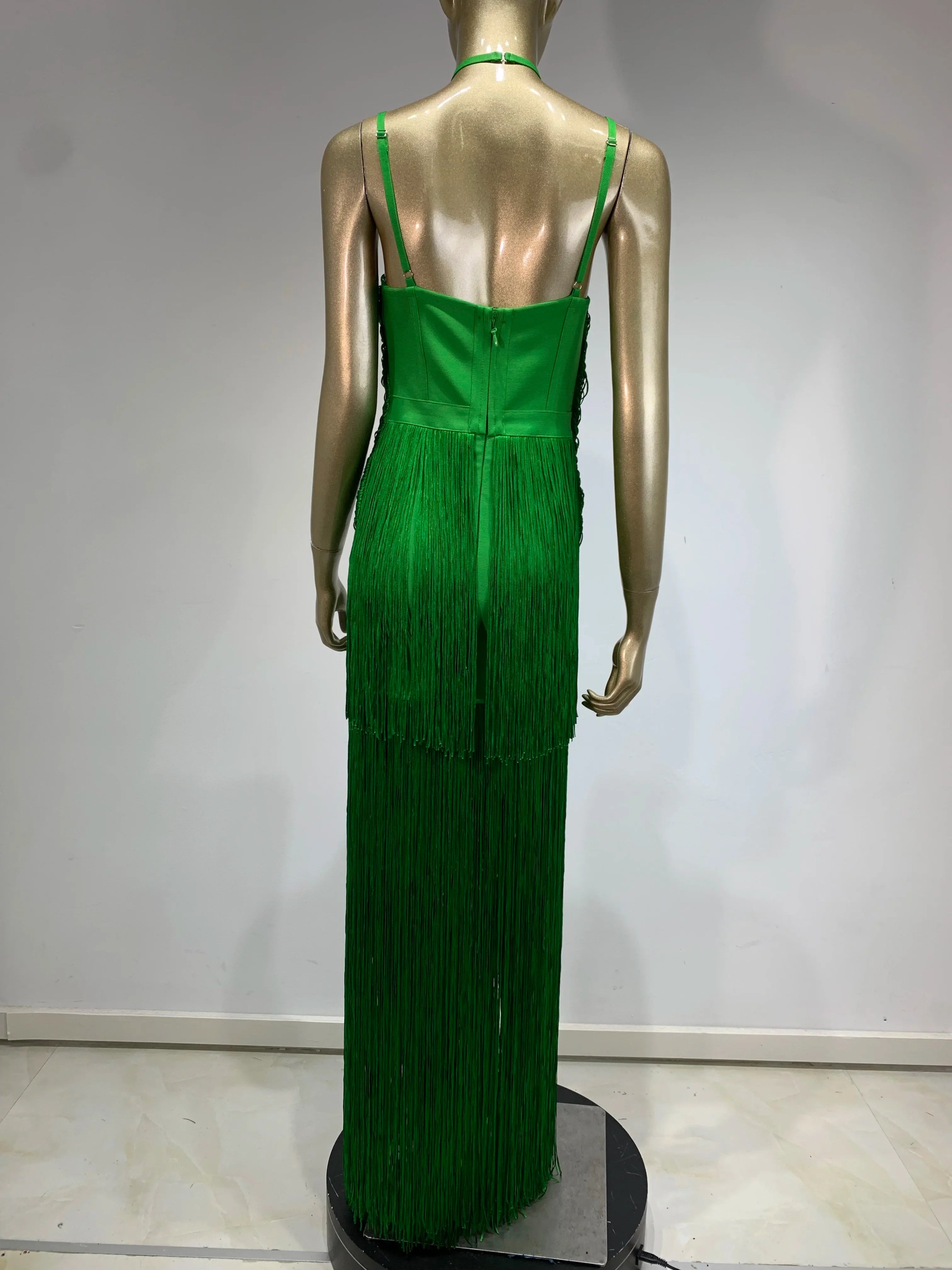 Women Celebrity Luxury Sexy Backless Tassel Green Ankle Length Bodycon Bandage Dress Elegant Evening Club Party Outfit