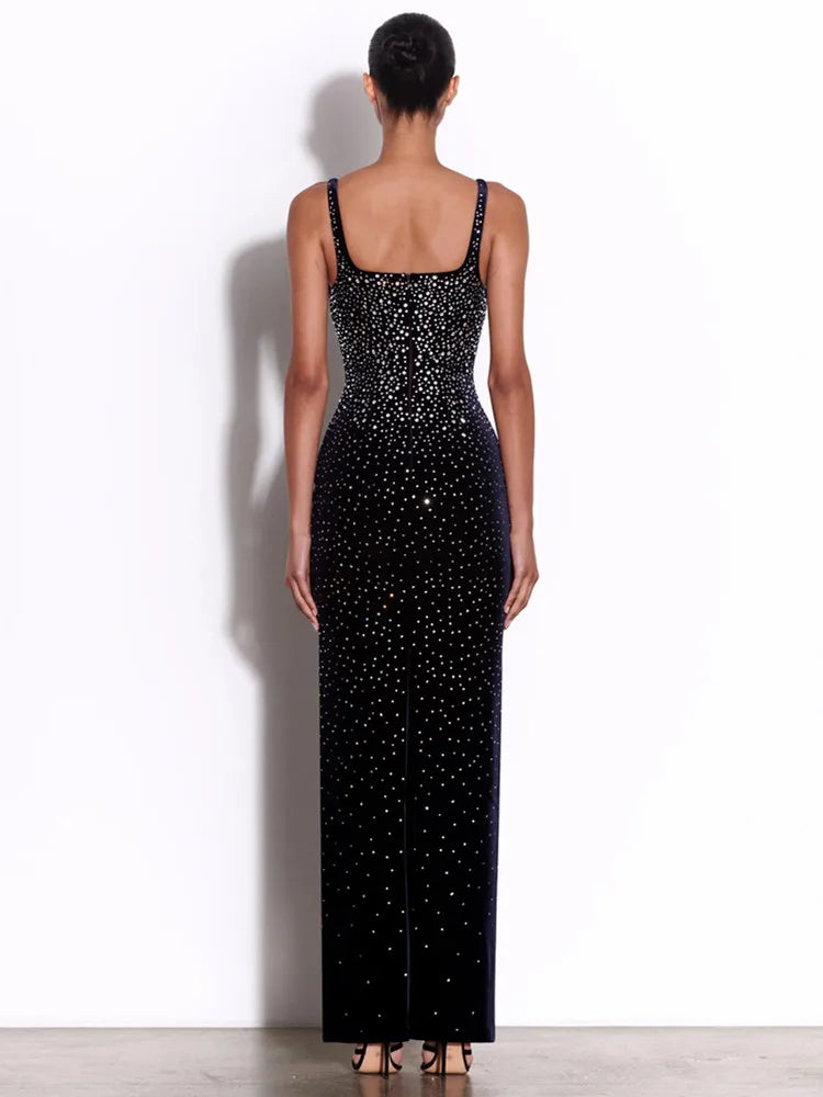 New Women Sexy V Neck Diamonds Beading Black Maxi Long Celebrity Bodycon Bandage Dress 2025 Elegant Evening Club Party Dress