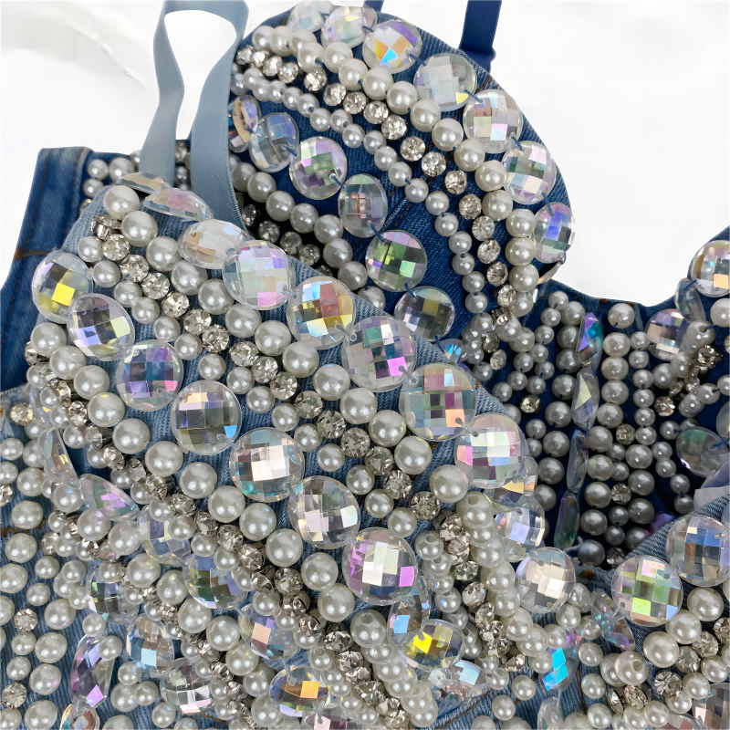 SXTHAENOO 2024 Women's Heavy Industry nailed beaded Diamond-Studded Sexy Crop Top Fashion Denim Sling Top Vset топ женский