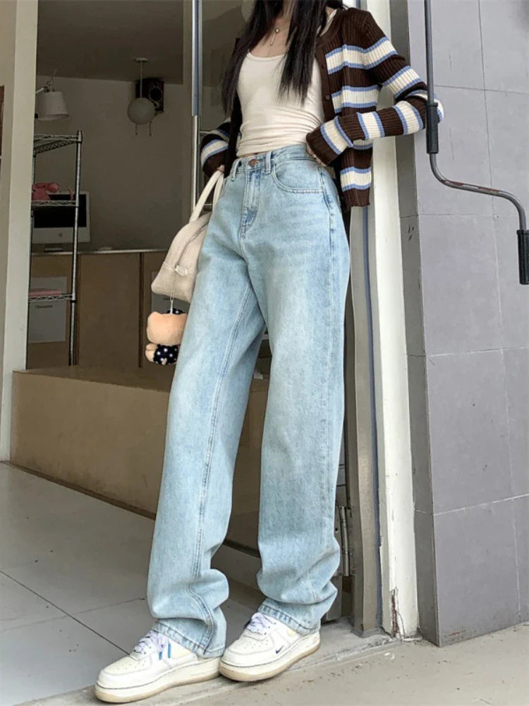 QWEEK Vintage 90s Jeans Women Y2k High Waist Light Blue Straight Pants Casual Streetwear Distressed Loose Floor Length Trousers