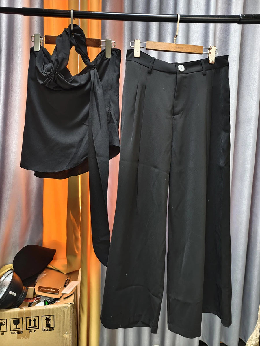 Solid Loose Two Piece Sets for Women Halter Neck Sleeveless Irregular Top High Waist Wide Leg Pants Set Female New BLACK