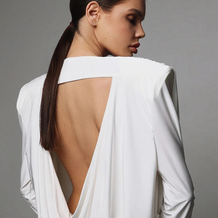 Mozision Backless Long Sleeve Sexy Bodysuits For Women Tops Fashion Solid O Neck Ruched Bodysuit Female Spring Elegant Bodysuit