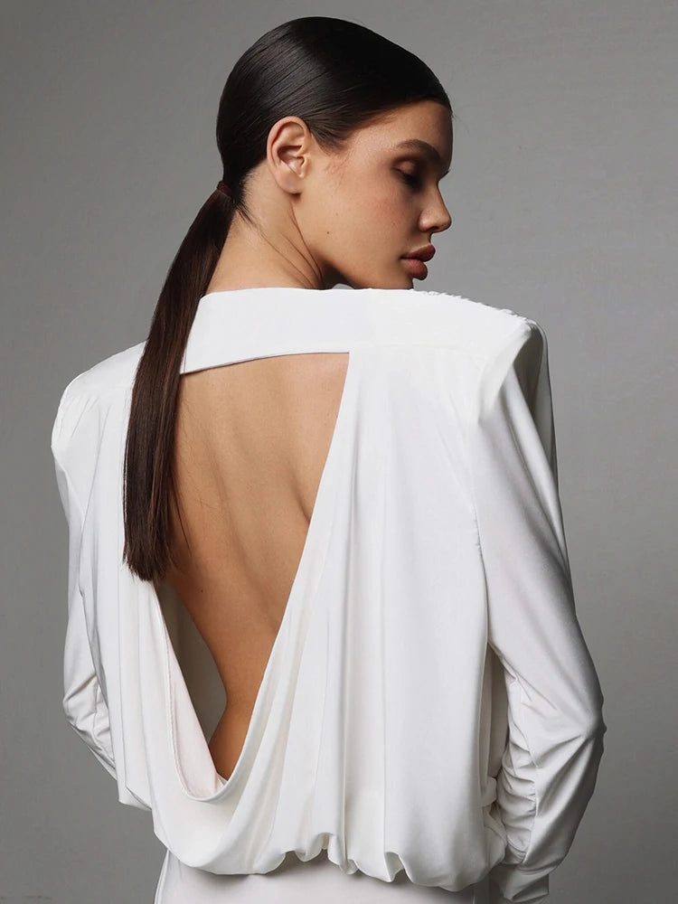 Mozision Backless Long Sleeve Sexy Bodysuits For Women Tops Fashion Solid O Neck Ruched Bodysuit Female Spring Elegant Bodysuit