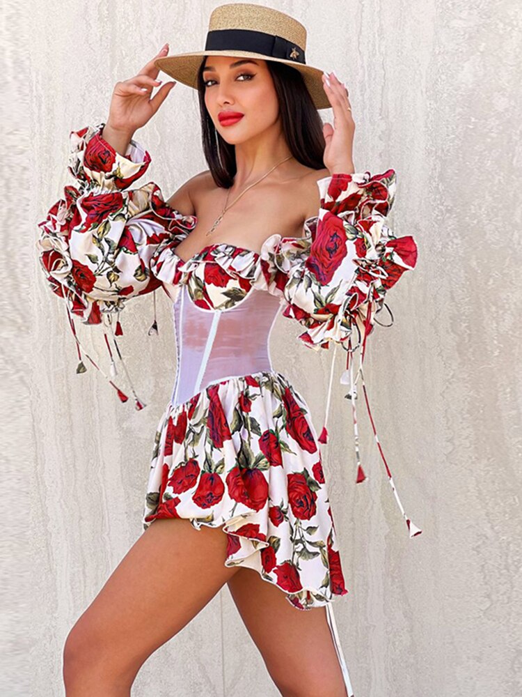 Red Printed Sexy Perspective Show Waist Lace Long Sleeve Mini Dress For Women Summer Beach Dresses Vestidos Red