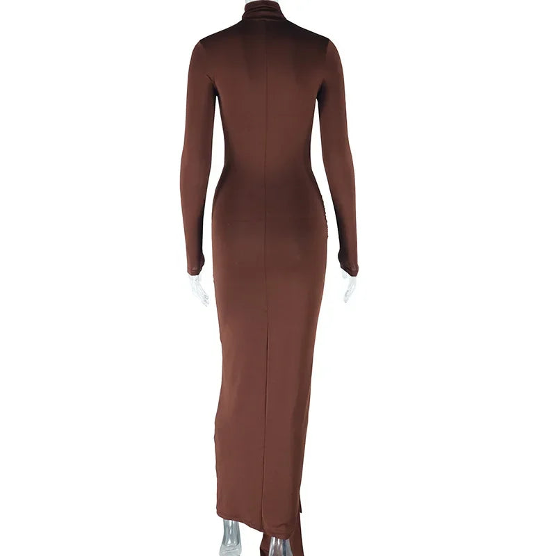 Women Full Sleeve Turtleneck Ribbon Ruched Long Maxi Dress 2025 Spring Sexy Street Slim Evening Night Club Party Dresses