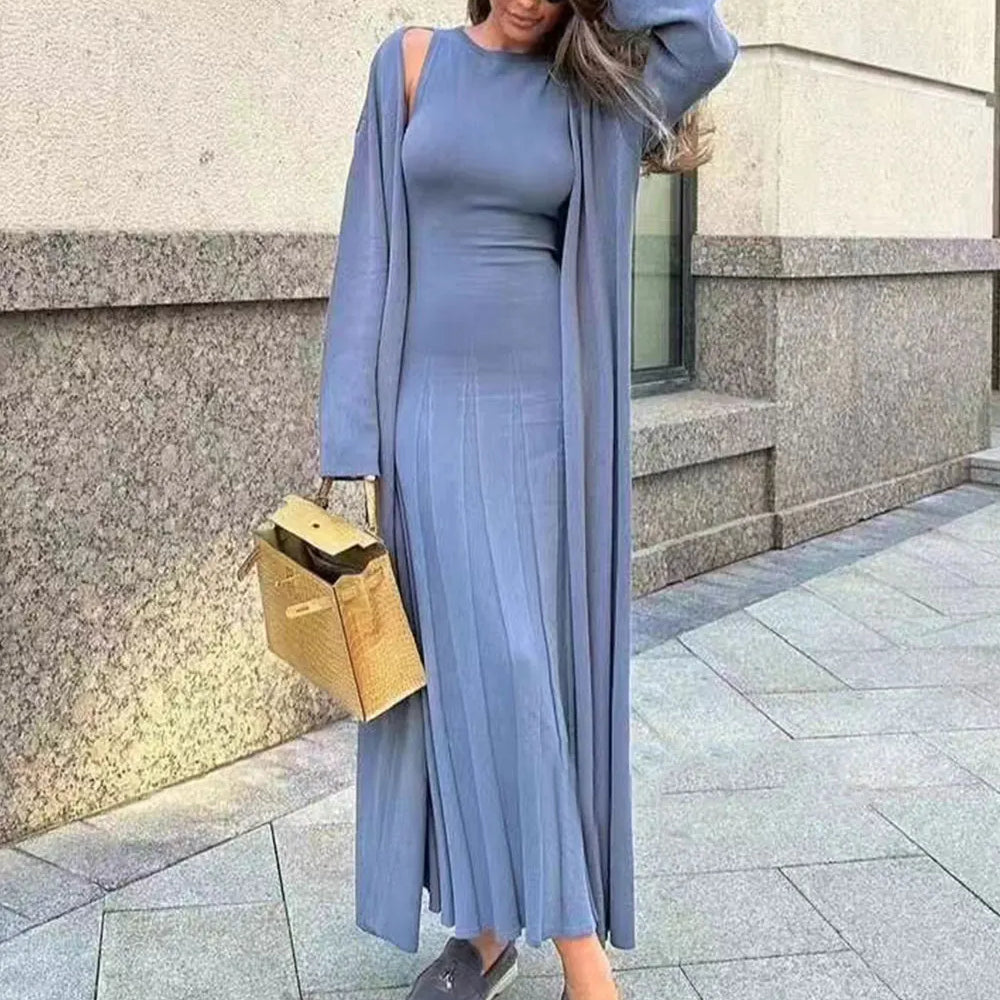2024 Elegant Women'S Knitted Sweater Dresses Sets With Cardigan Long Jacket+Bodycon Pleated Long Knitted Dress Two-Piece Set