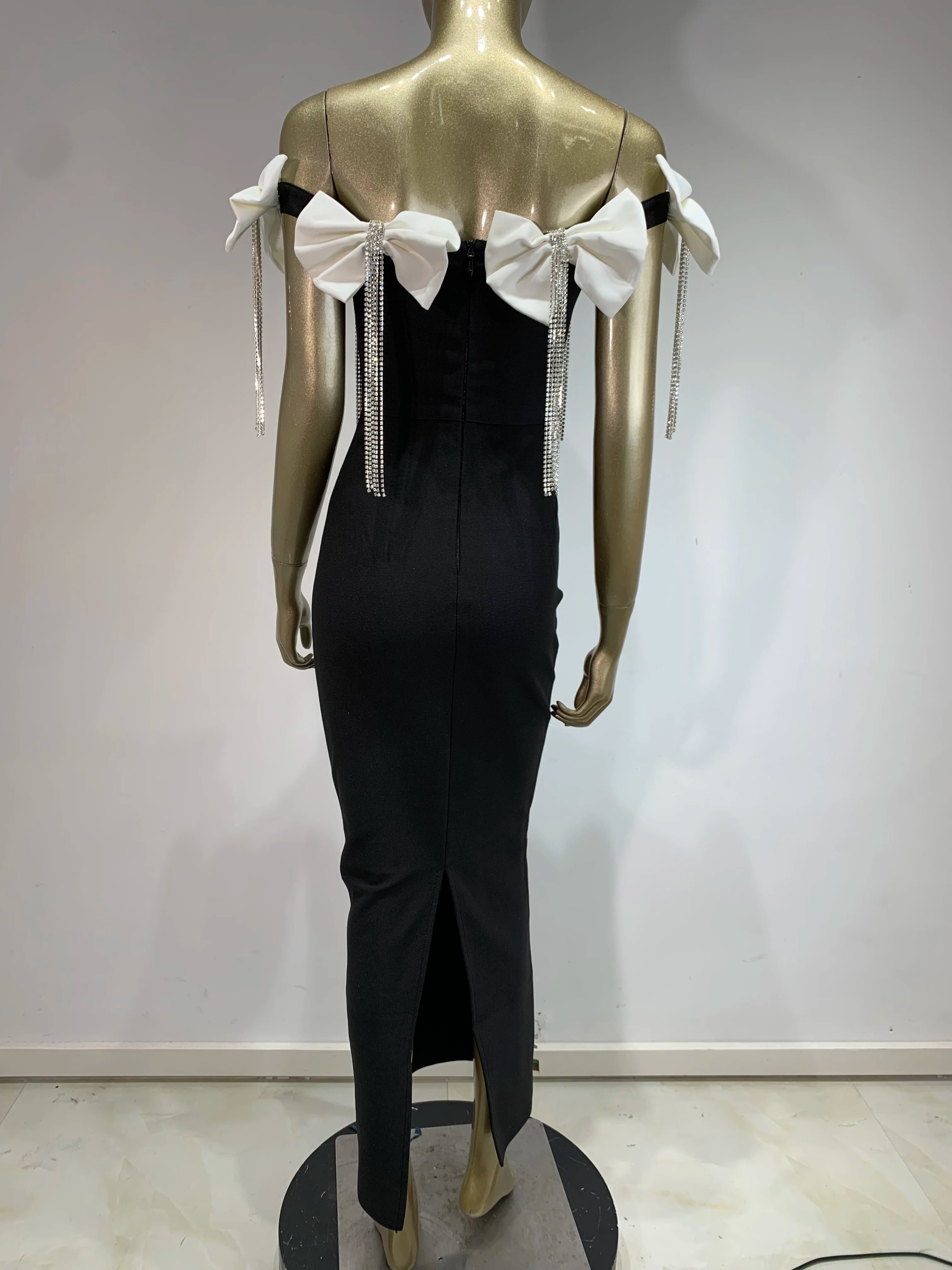 2024 New Women Sexy Off the Shoulder Bodycon Bandage Long Dress Bow Chain Elegant Evening Party Celebrate Birthday Dress