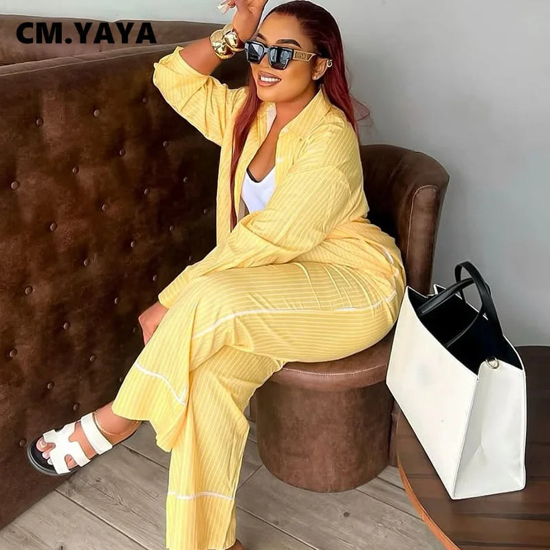 Fashion Striped Women's Set Long Sleeve Blouse Shirt Top and Wide Leg Pants 2025 Chic Two 2 Piece Sets Outfits Tracksuit