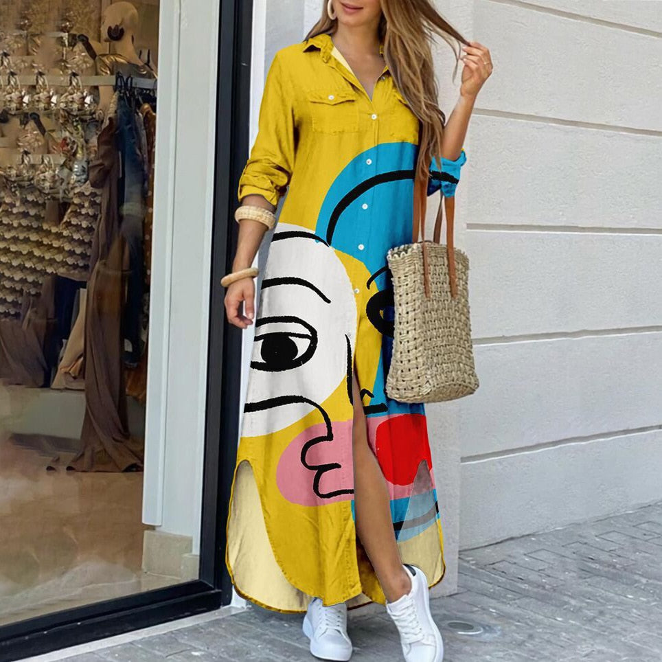 Women's fashion casual dress with loose V-neck print lining 2