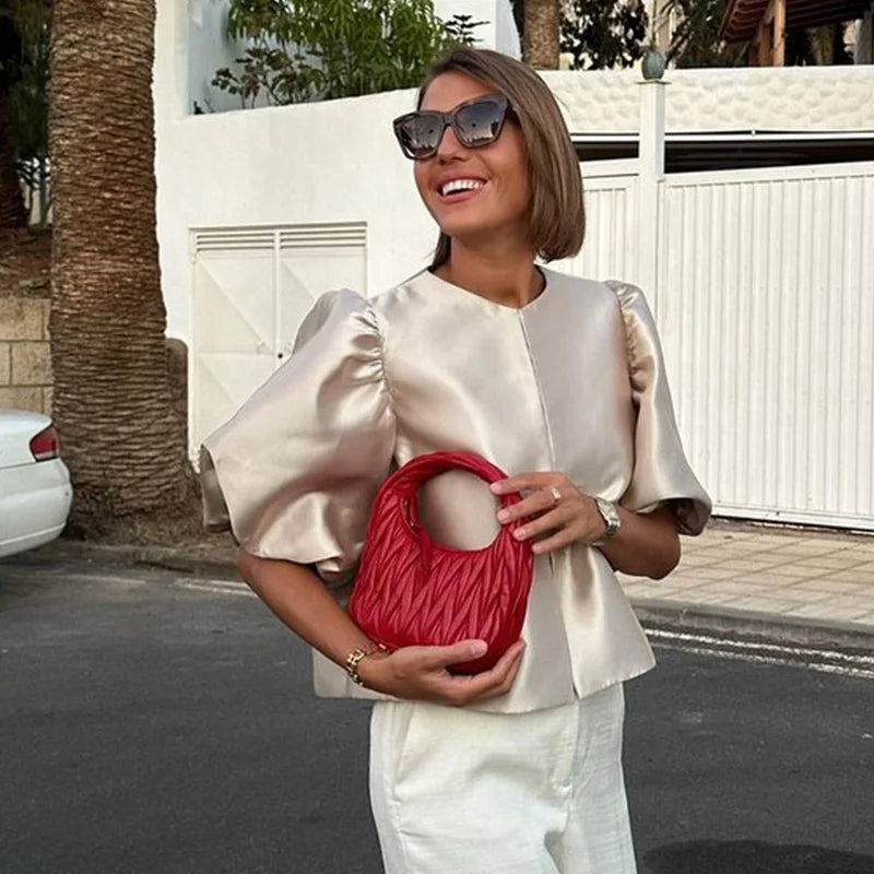 Satin Elegant Shirts Women White Lantern Short Sleeve O-neck Loose Female Blouses Spring Summer Lady Tops Chic Streetwear Champagne