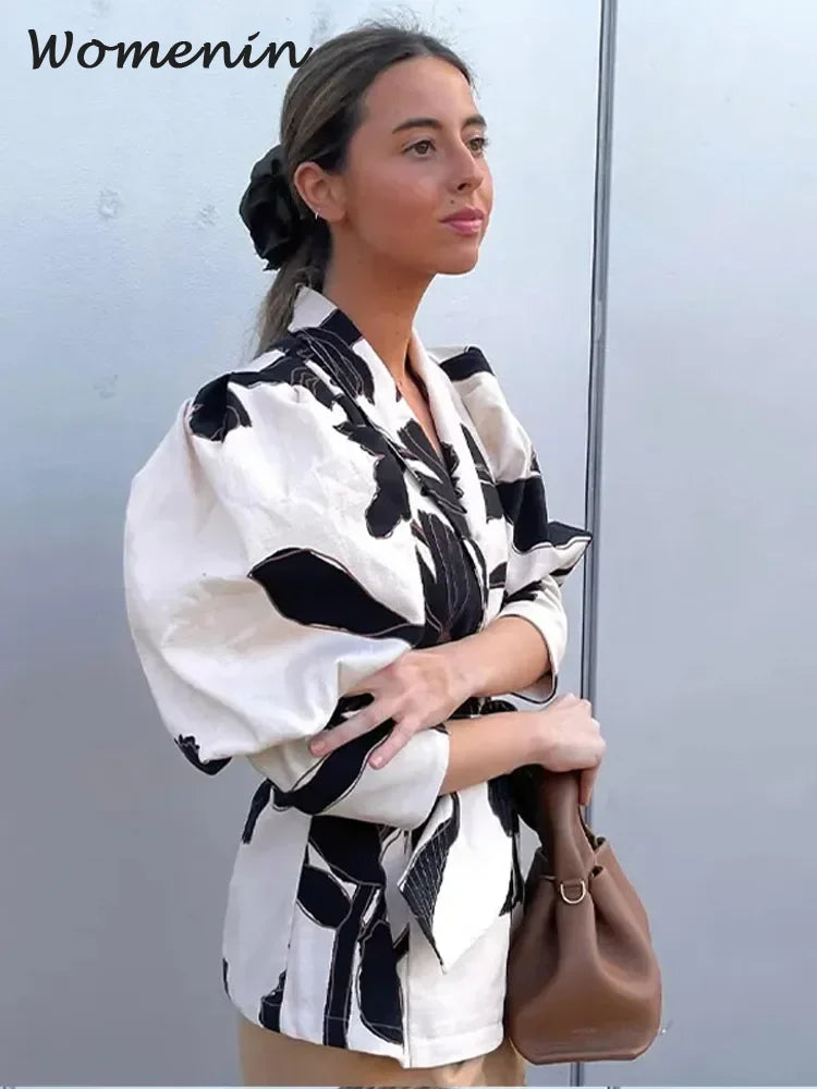 Fashion Flower Print Belt Women Shirts Spring Summer Elegant Slim Lapel Puff Sleeve Blouses Vintage Lady Office Streetwear