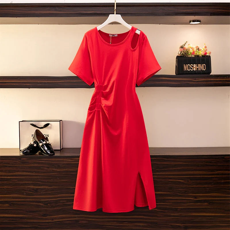 Plus-size women's summer casual cotton dress shoulder hollowed-out slit hem design elegant sexy solid color long dress Red