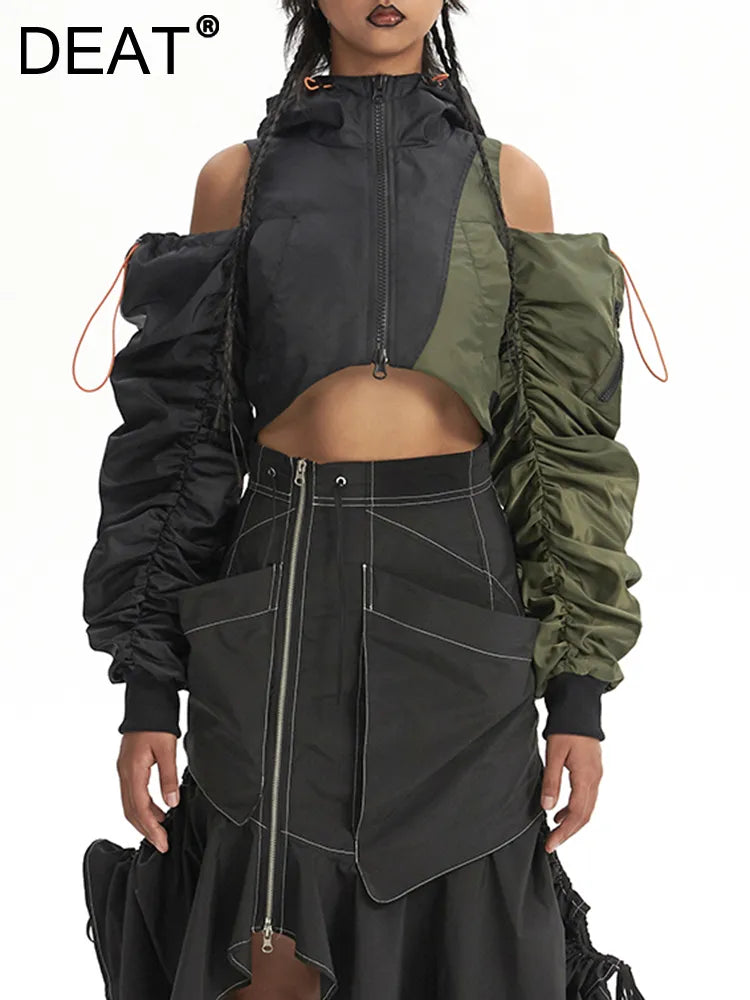 DEAT Fashion Women's Jackets Hooded Off The Shoulder Drawstring Contrast Stitching Midriff-baring Coat Autumn New 7AB303