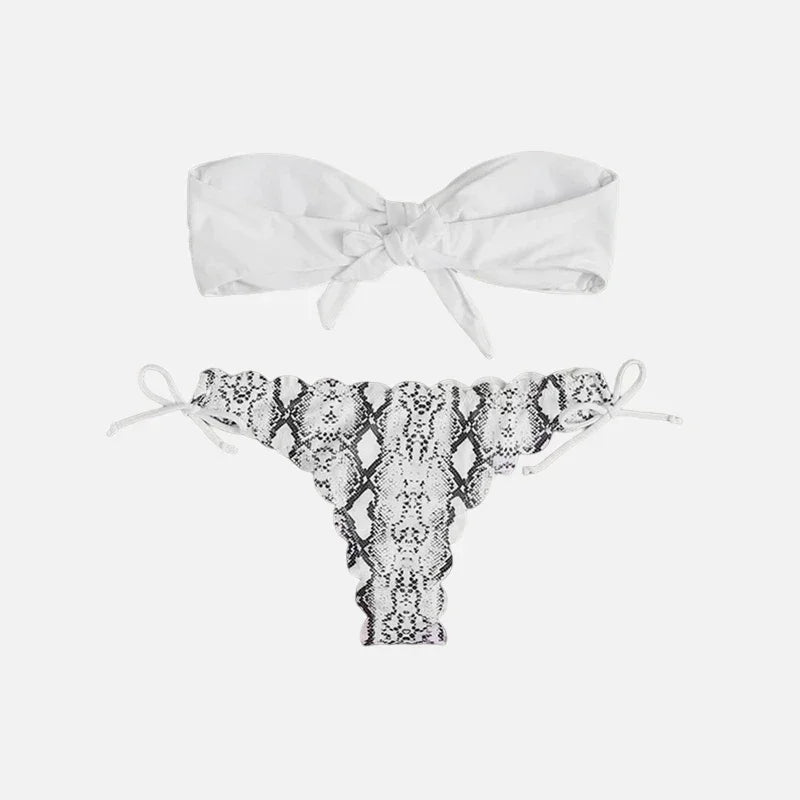 Beach Bikini Woman Sexy Front Lace Up Tie Strapless Leopard Swimsuit Female Push Up Ruffled Bow Bathing Suit Thong Swimwear white