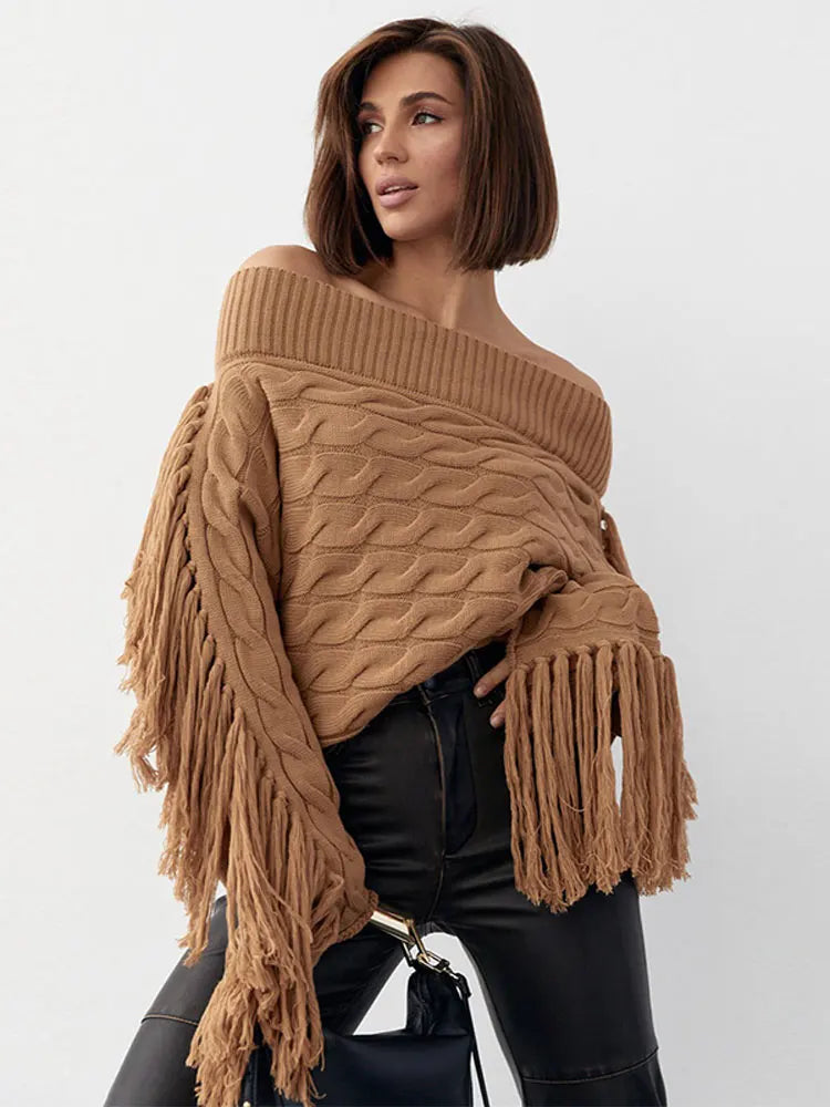 Thicken White Tassel Off Shoulder Sweater Women Elegant Slash Neck Long Sleeve Short Wool Pullover Winter Lady Knit Jumpers Brown A