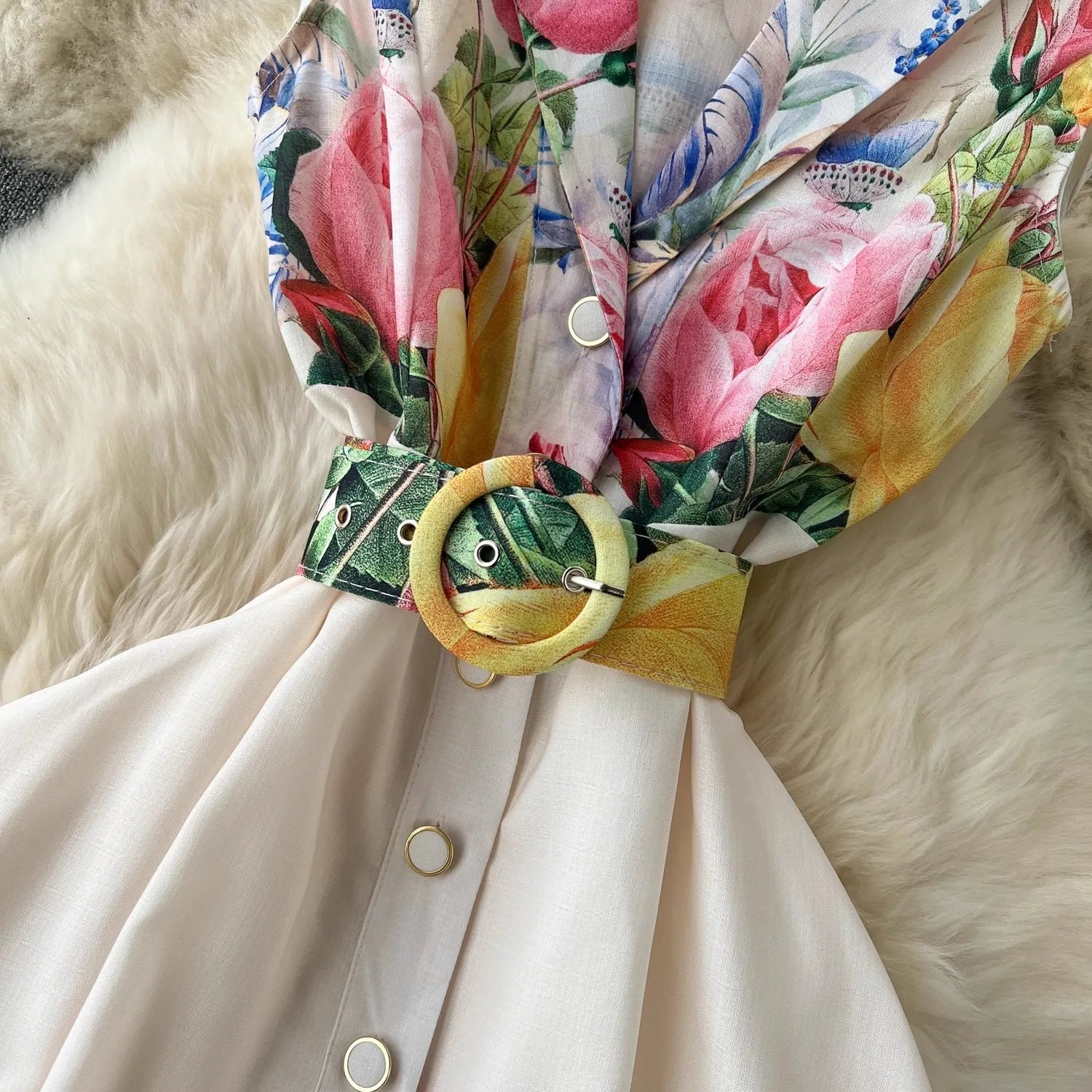 2024 Summer Holiday Beach Dress Women's Notched Collar Sleeveless Single Breasted Floral Print Belt Long Boho Party Vestido 6389