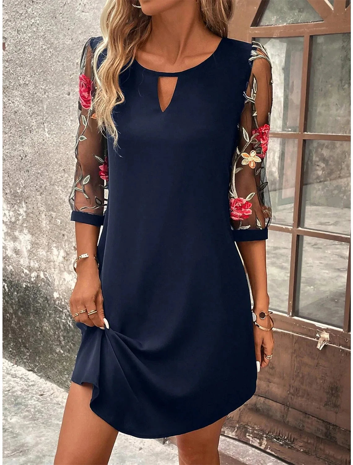 Luxury Dress Women's Perspective Mid Sleeve Printed Round Neck Mini Skirt Summer Party Dress darkblue