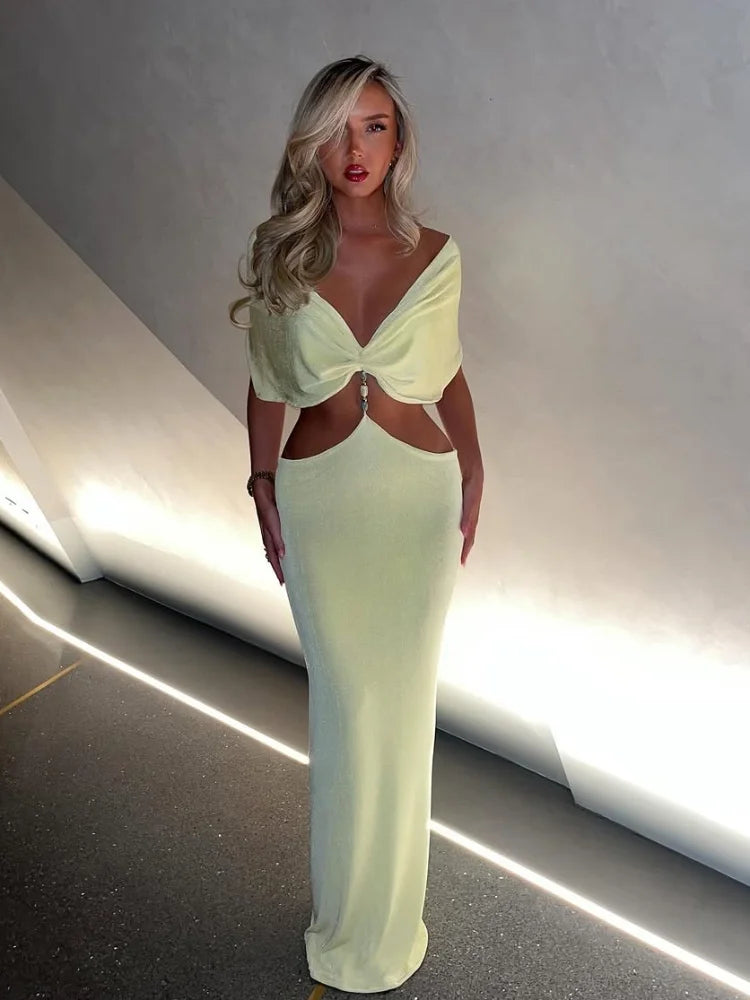 Elegant V Neck Pleating Yellow Maxi Dress For Women Fashion Cut Out Slim Fit High Waist Robes New Summer Holiday Beach Dresses