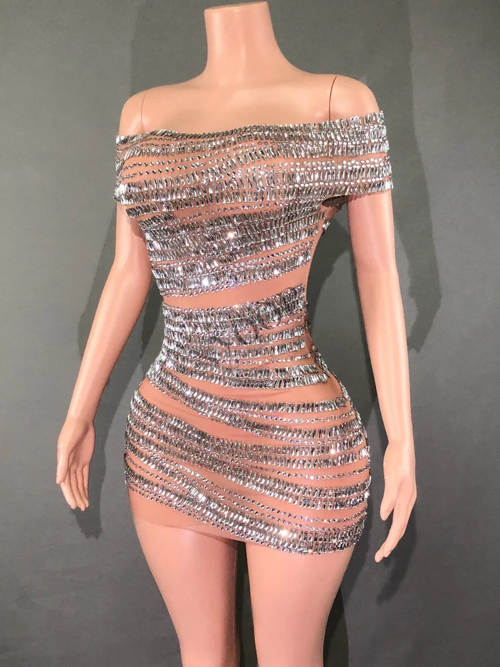 STOCKSparkly Rhinestones Short Dress for Women Sexy Off-shoulder See Through Evening Celebrate Birthday Dress Photo Shoot Stage