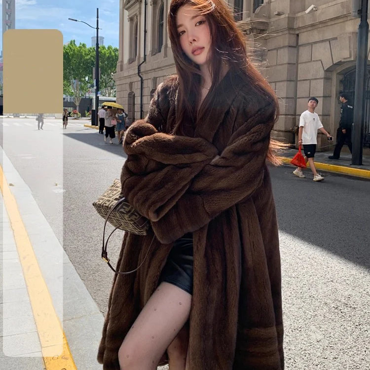 Lautaro Winter Long Luxury Elegant Stylish Thick Warm Fluffy Soft Brown Faux Mink Fur Coat Women Shawl Collar Furry Overcoat Brown One Size