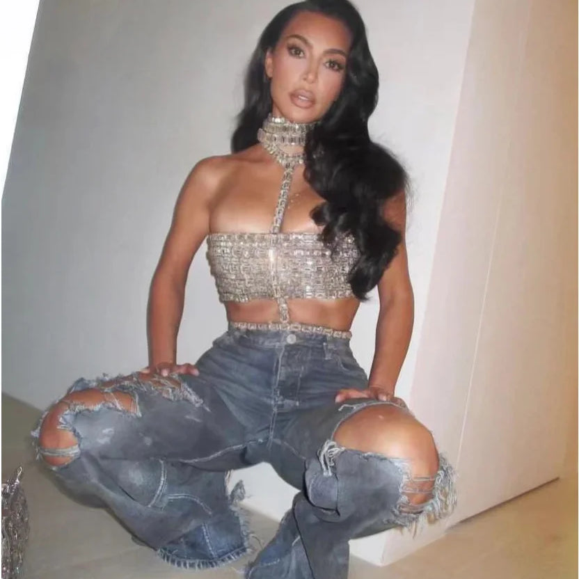 Celebrity Fashion Red Carpet Wear Women Shinning Big Crystal Sexy Halter Tops Nightclub Party TV Show Tops Tank High Quality