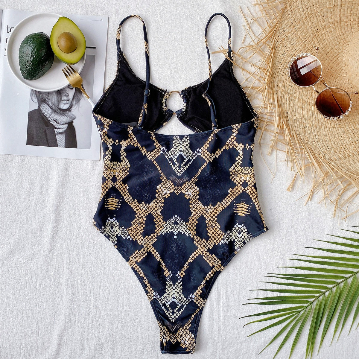Sexy One Piece Swimsuit Swimwear - Snakeskin Print Hollow Metal Ring One-piece Bathing Suit Beachwear Banadores Mujer