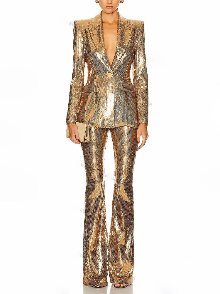 2025 New Autumn Golden Sequins Women Long Sleeve Deep V-Neck Slim 2 Pieces Women's Set Elegant Evening Party Cocktail Wear
