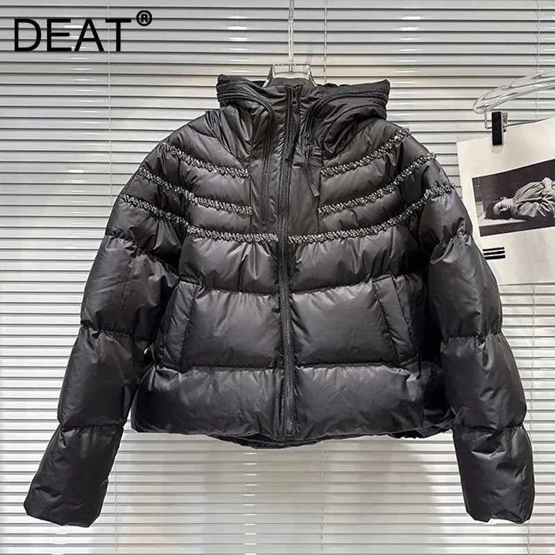 Winter New Heavy Industry Diamond Edge Pleated Hooded Warm Jacket For Women Loose Cotton-padded Coat Female 11A07830