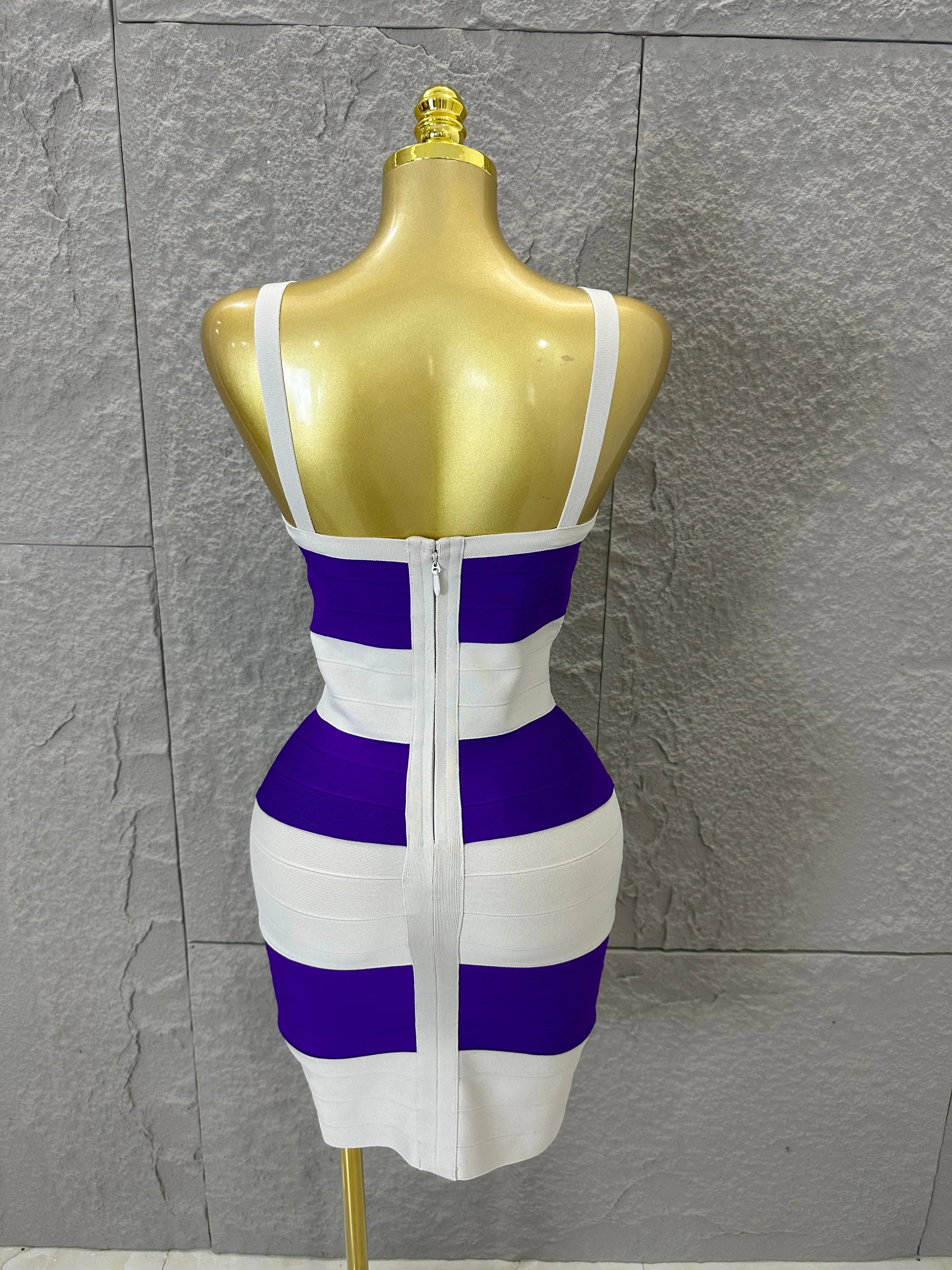 Chic Purple White Striped Bandage Dress Women Sleeveless Sweetheart Neck Bodycon Formal Office Casual Event Wear