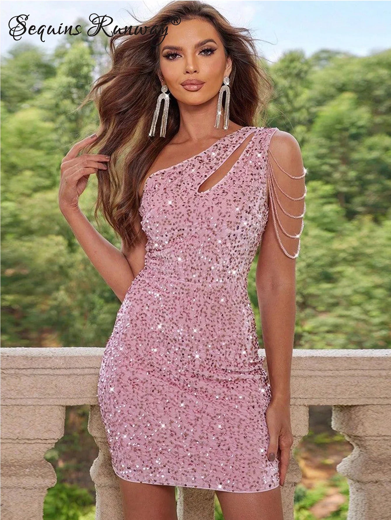 Sexy backless sequin mini summer dress women elegant luxury bodycon club birthday party dress prom evening dresses vestidos Pink