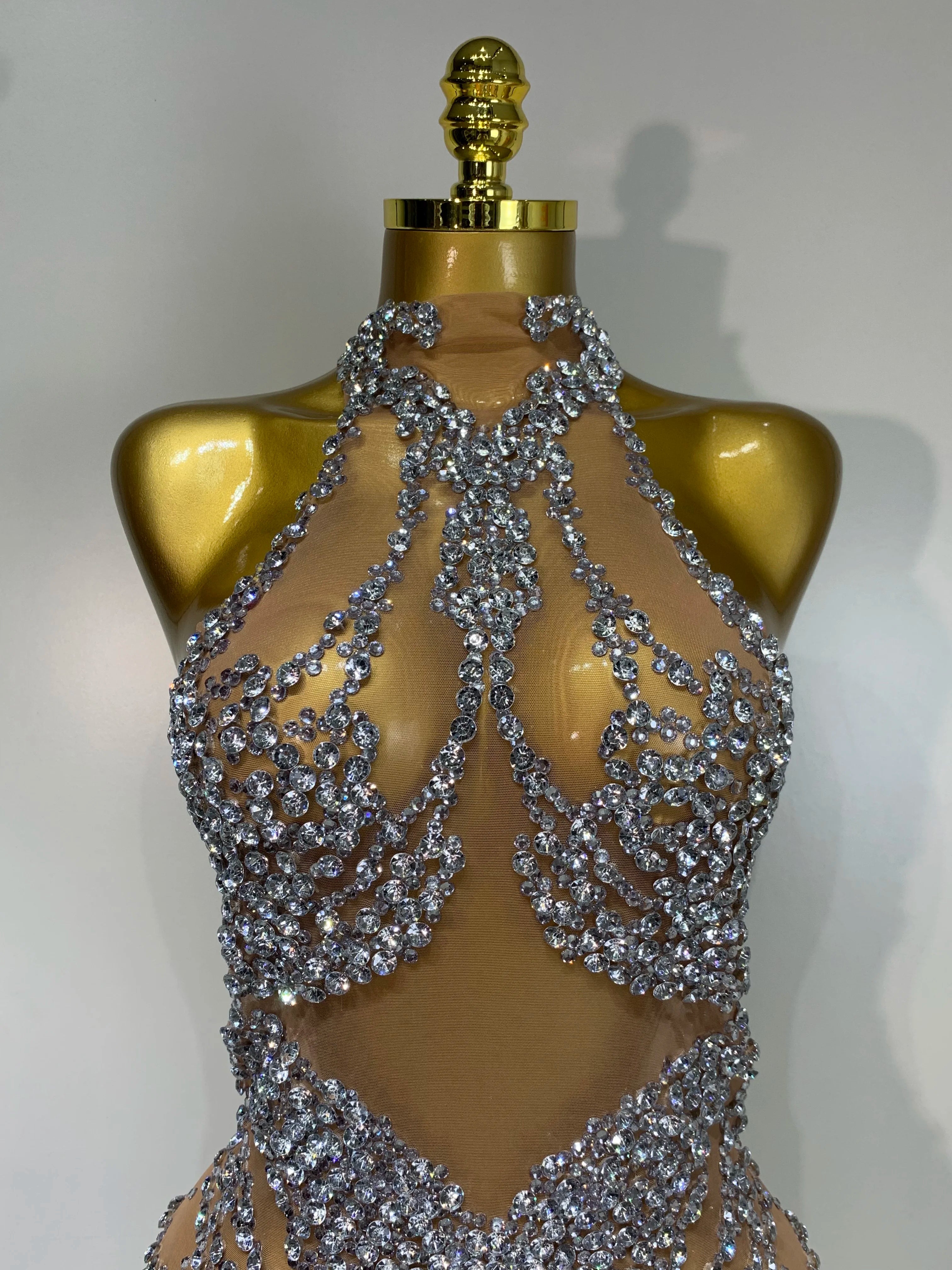 Luxury Rhinestones Mesh Transparent Prom Mini Dress Shinny Women Birthday Celebrate Party Prom Nightclub Outfit Stage Costume