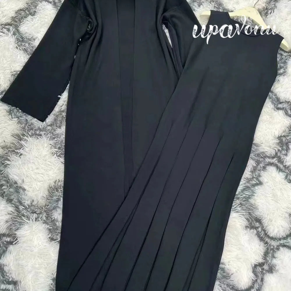 2024 Elegant Women'S Knitted Sweater Dresses Sets With Cardigan Long Jacket+Bodycon Pleated Long Knitted Dress Two-Piece Set black