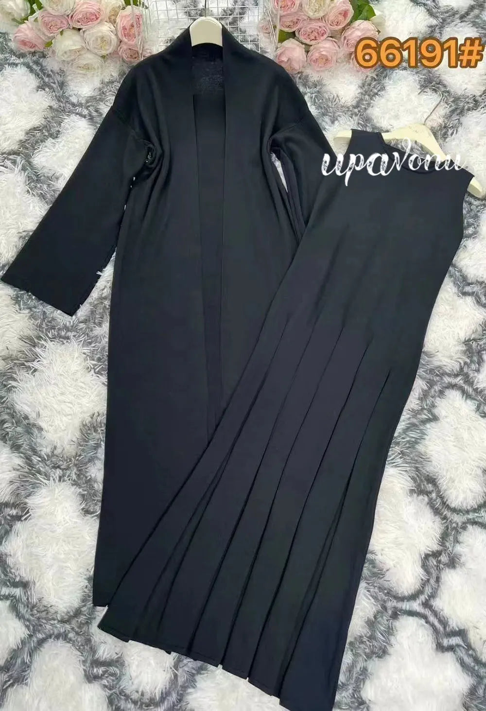 2024 Elegant Women'S Knitted Sweater Dresses Sets With Cardigan Long Jacket+Bodycon Pleated Long Knitted Dress Two-Piece Set black