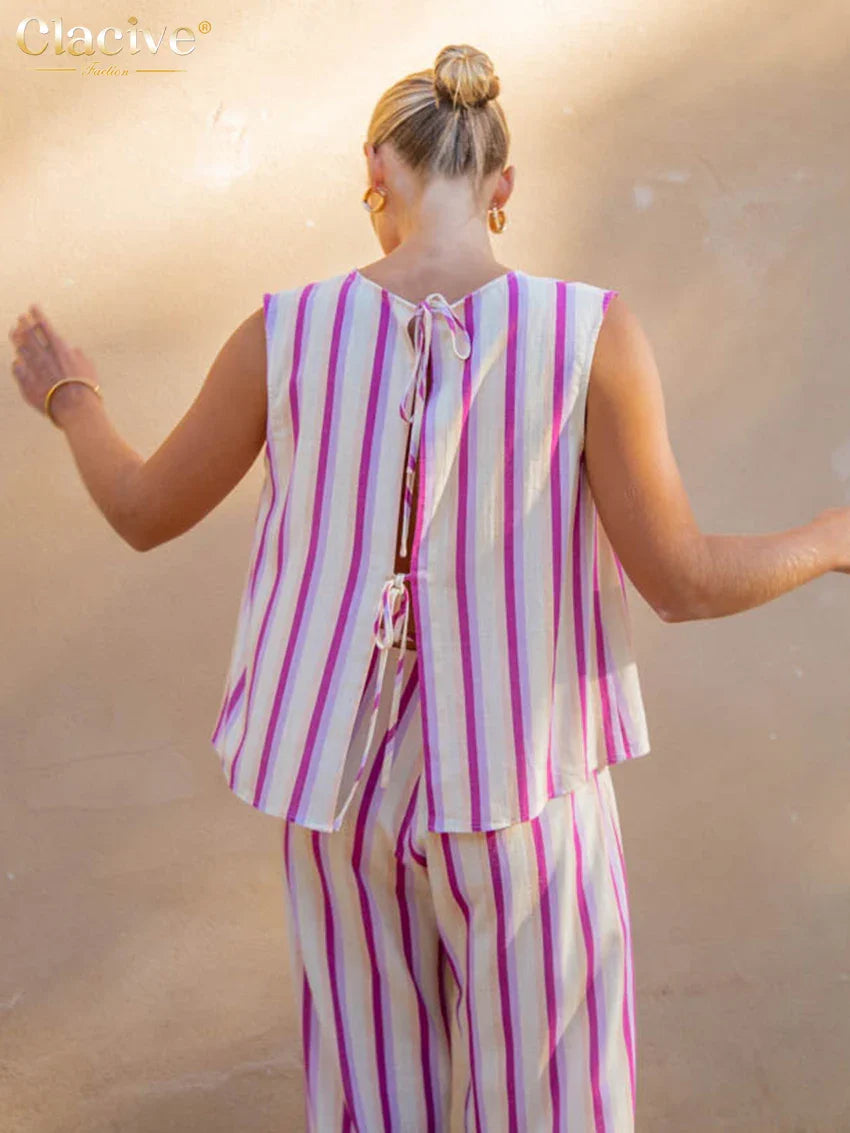 Clacive Summer Loose Print 2 Piece Sets Women Outfit Fashion Sleeveless Tank Top With High Waist Wide Pants Set Streetwear