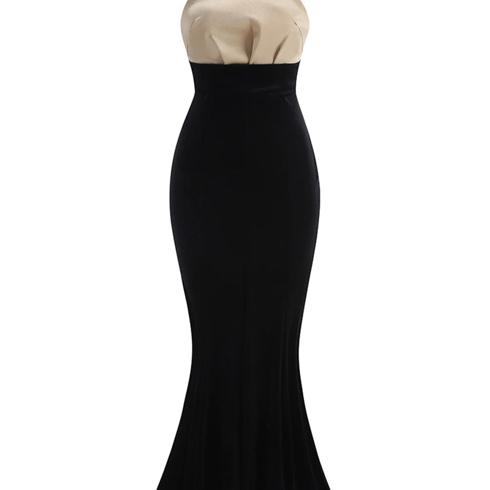 UpAvonu Elegant Strapless Patchwork Velvet Mermaid Long Dress Women Sexy Sleeveless Folds Slim Evening Runway Party Gown