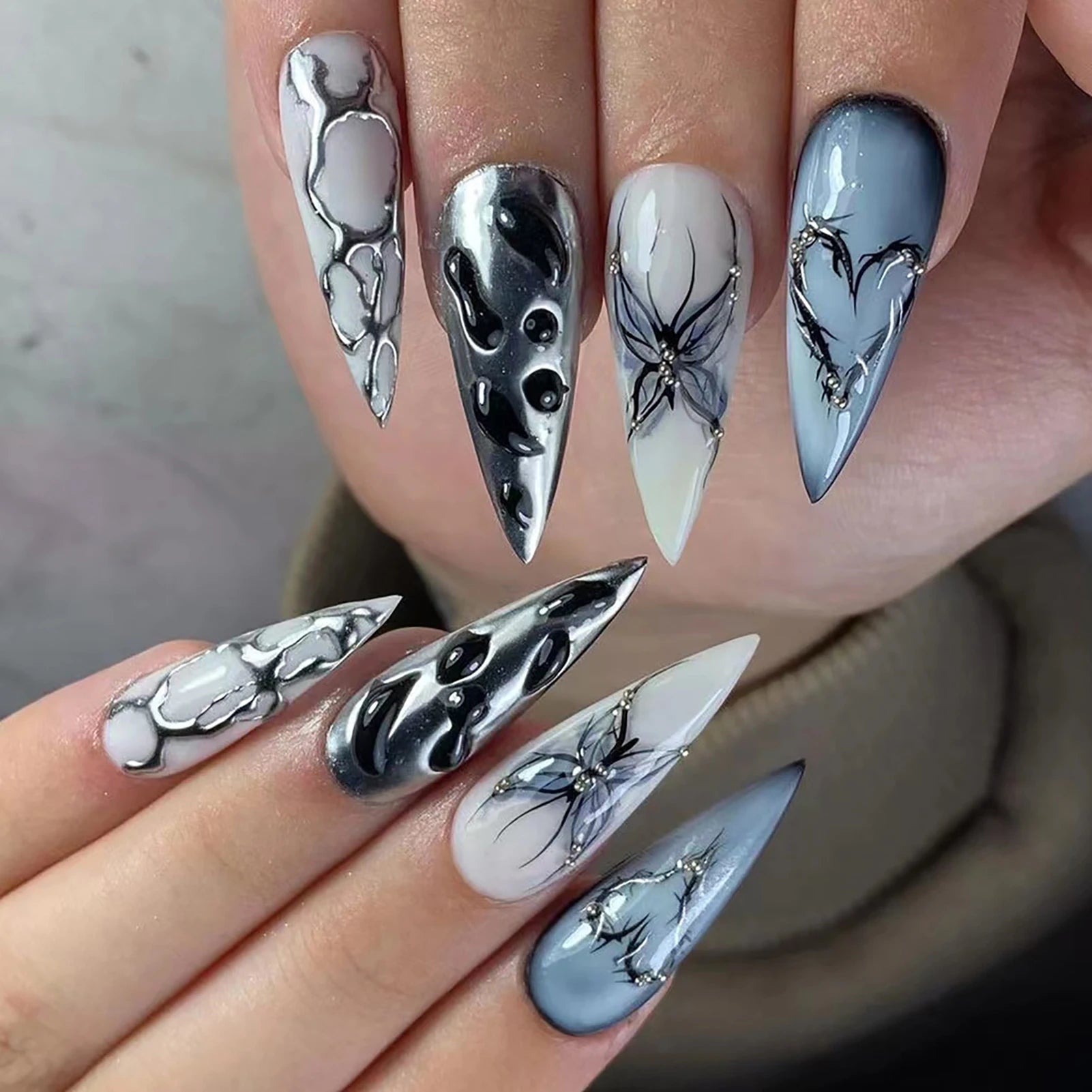 24pcs Long Coffin Gothic Press on Nails Sliver Star Flame Crocodile Print False Nail Wearable European Spicy Girl Fake Nails 3