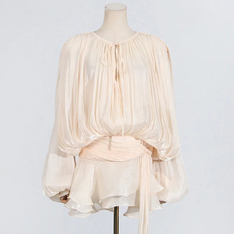 2025 Spring Solid Spliced Lace Up Loose Dresses For Women O Neck Long Sleeve High Waist Temperament Dress Female Fashion New APRICOT