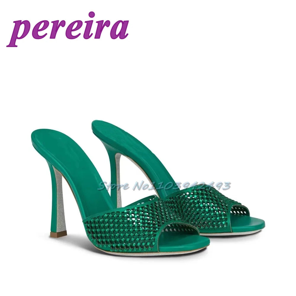 Blue Rhinestone Heels Shallow Slip On Heeled Sandals Peep Toe Luxury Designer Shoes Summer Sandalias De Mujer Solid Tacones 2025