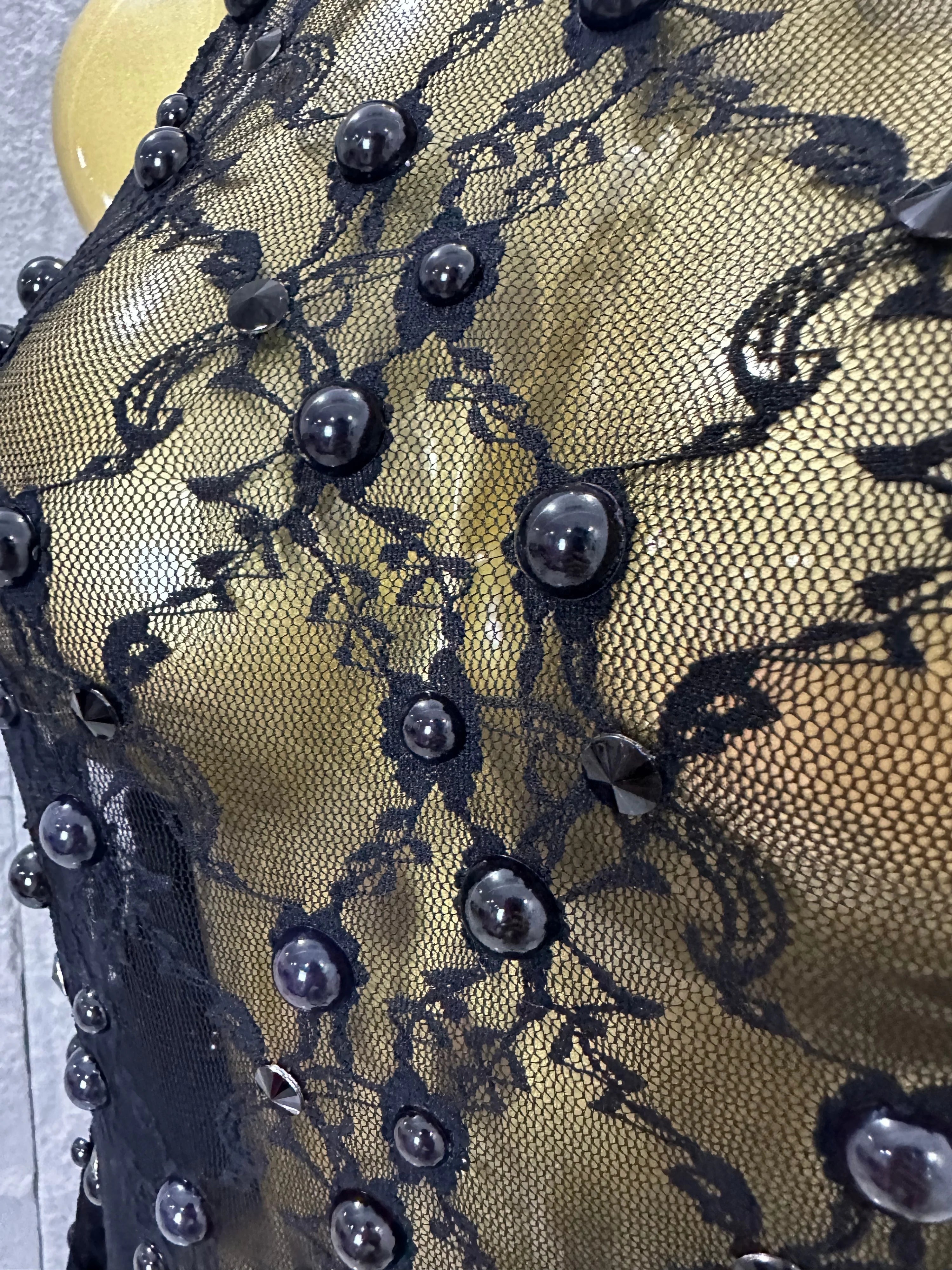 Black Opulent Halter Neck Maxi Sheer Mesh Beaded Lace Dress Form-Fitting Outfit Nightclub Party Evening Gala Costume